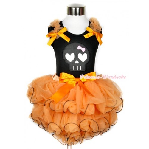 Halloween Black Baby Pettitop with Orange Ruffles & Orange Bow & Black Skeleton Print with Orange Bow Orange Petal Baby Pettiskirt NG1240 